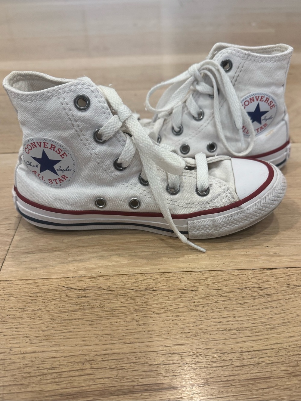 Kids Converse All Star White High Top Sneakers with Red & Blue Trim